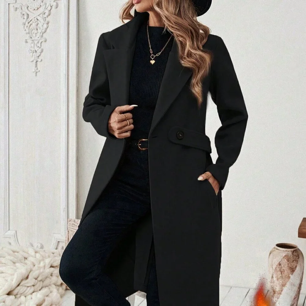 Black Casual Women's Flat Collar Pocket Belted Long Sleeve Coat Jacket